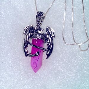 Boho Natural Pink Agate Dragon 🐉 Sterling Silver 30” Necklace
